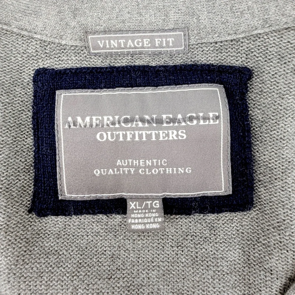 American Eagle Cardigan Mens XL Gray Wool Blend Elbow Patch V-Neck Button Up